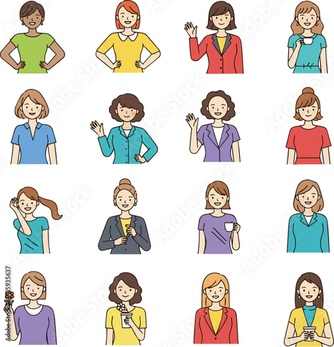 Create a kinds of deferent Simple vector illustration of a happy woman vector art with white background..