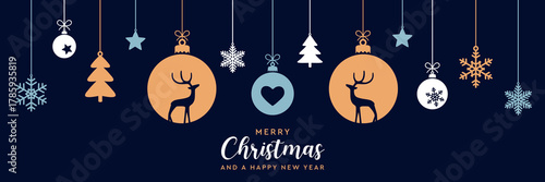 christmas greeting card with decorative christmas balls with reindeer vector illustration