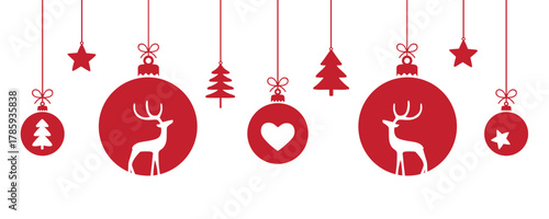 christmas greeting card with decorative christmas balls with reindeer vector illustration