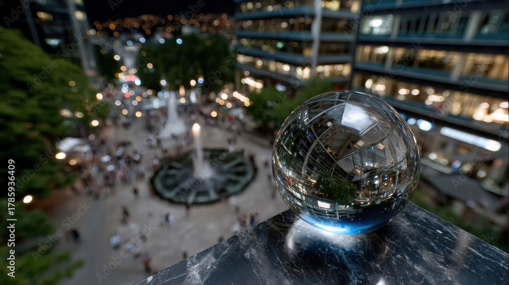 Fototapeta premium A captivating crystal sphere rests on the edge, celebrating New Year, reflecting a vibrant urban scene below, showcasing the contrasting elements of nature and modern architecture uniquely.