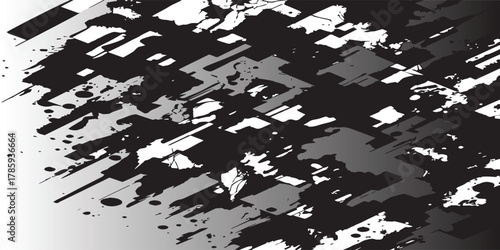 Abstract black and white background design features a dynamic arrangement of angular shapes and splatters on a gradient, creating a bold and modern aesthetic