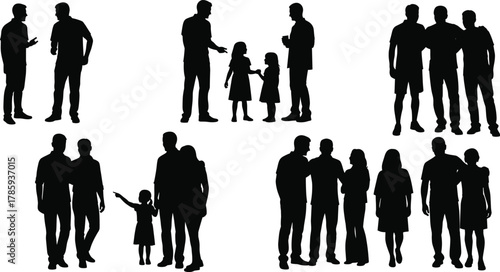 Social interaction icon vector—six silhouette scenes of family, friendship, and communication for community and relationship design visuals