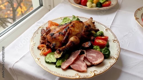 Gourmet Roasted Quail with Ham and Fresh Vegetables