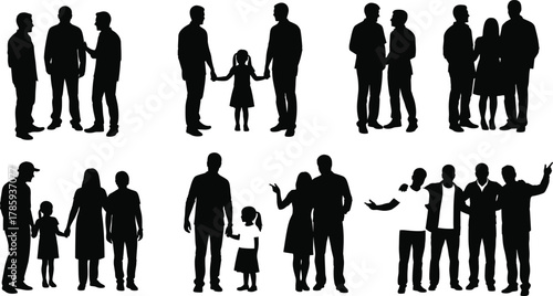 Social relationship icon vector—eight silhouette scenes of family, conversation, and group bonding for community and lifestyle design visuals