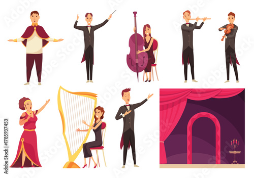 Opera theater flat cartoon elements set with performing musicians singers conductor stage curtain decorations building vector illustration