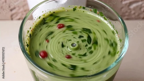 Green smoothie with herbs and berries being blended