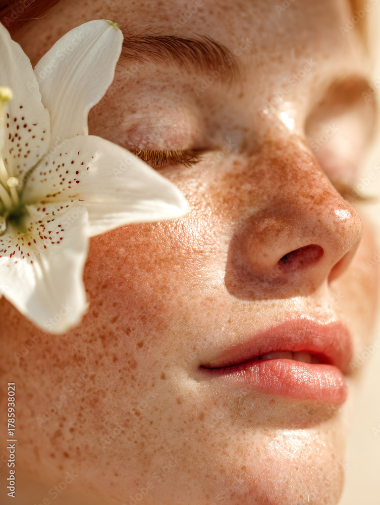 Naklejka premium Serene face of a young woman with natural freckles and closed eyes adorned with a white lily flower symbolizing peace and beauty in soft sunlight