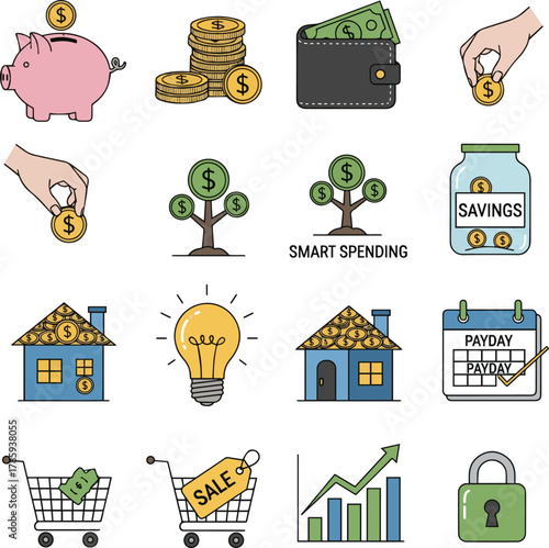 Create a kinds of deferent Simple icon illustration material for saving money vector art with white background..