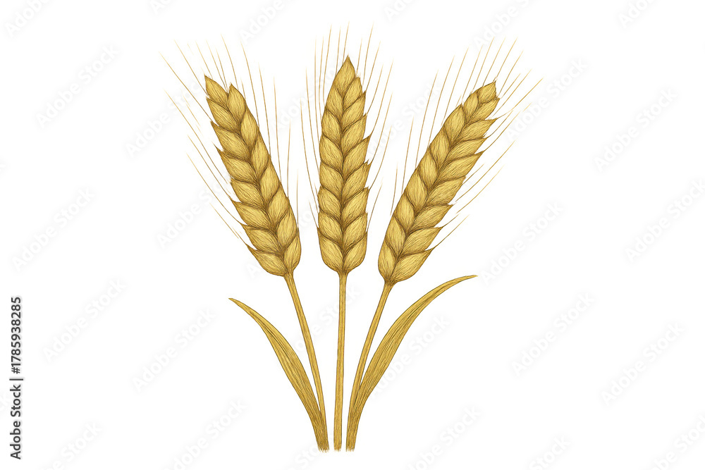 Fototapeta premium Golden wheat ears growing from a stalk, ripe cereal crop agriculture illustration on transparent background