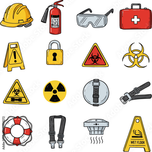 Create a kinds of deferent Simple icon illustration material of a hand-drawn style image of safety vector art with white background..