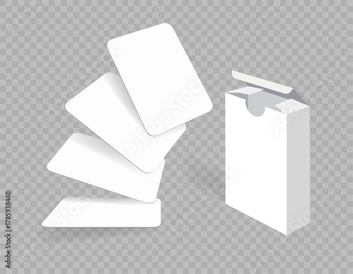 3d mockup of blank playing cards for poker and board games. Playing Cards Open Box Template. White, clear, blank isolated paper box mock-up on white background with perspective view. Packaging design