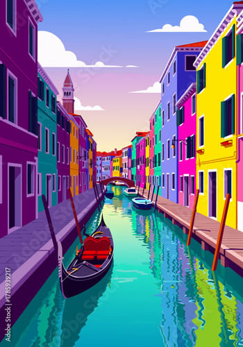 Vibrant Venice Canal Scene Illustration with Colorful Buildings and Gondola at Sunset – A Picturesque European Travel Destination Artwork