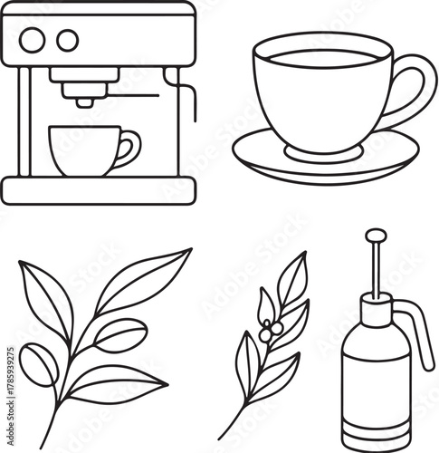 coffee-related items black and white vector illustration eps