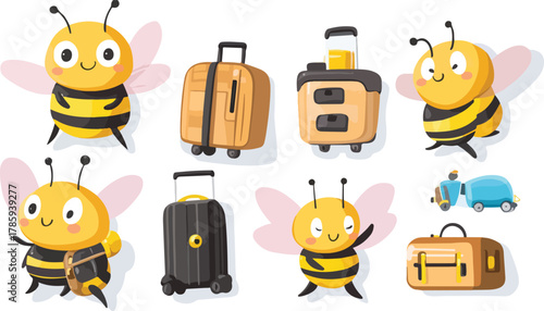 Cute cartoon bee vector icons set and honey illustration design symbol for web business and school media art