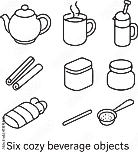 cozy beverage objects  black and white vector illustration eps