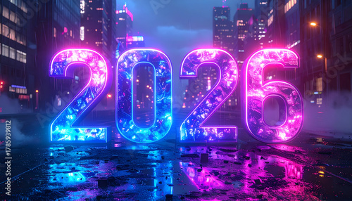 Bright glowing 2026 numbers in holographic blue-purple lights, cyber city background