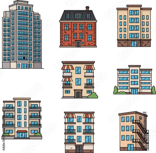  Create a kinds of deferent Simple vector icon illustration of an apartment building vector art with white background..