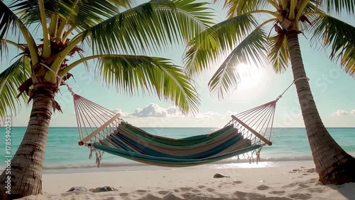 Hammock between palm trees on a tropical beach with ocean view