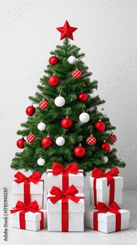 Festive Christmas Tree with Red and White Ornaments and Gift Boxes