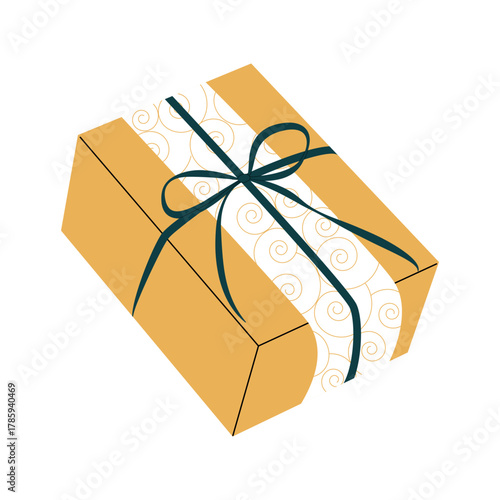 A gold gift box with a green bow and ribbon on a white background. A festive gift box for New Year's, birthdays, and other occasions.