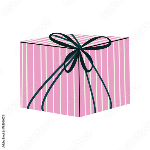 A pink gift box with fine white stripes, a green bow, and a ribbon on a white background. A festive gift box for New Year's, birthdays, and other occasions.
