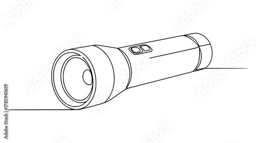 Continuous line drawing of a handheld flashlight showing lens and cylindrical body, minimal abstract illumination art