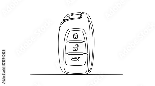 Single continuous line drawing of a car key fob with buttons and keychain loop, minimal modern access design