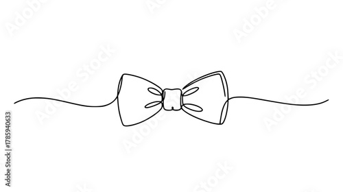 One continuous line drawing of a simple bow tie with knot and flowing loops, minimal abstract formal accessory art