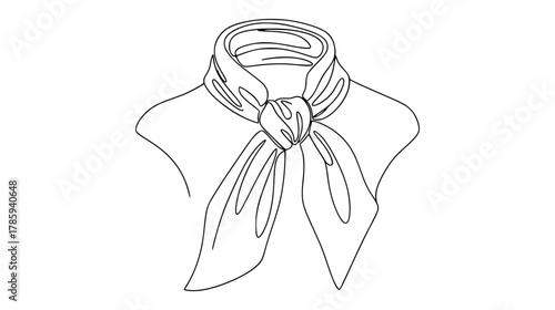 Single continuous line drawing of a neck scarf draped on one side, showing delicate flowing fabric and minimal fashion accent