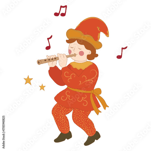 Whimsical vintage illustration of a cheerful musician in a red costume playing a flute, surrounded by stars, evoking a festive fairytale charm. Vector art