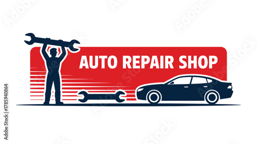 Adobe IllusAuto repair shop logo with mechanic holding wrench and car silhouette in red and blue color scheme, professional automotive service emblem design
trator Artwork