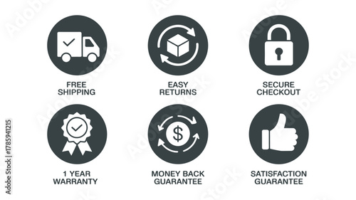 Adobe IllustrE-commerce feature icons set showing free shipping, easy returns, secure checkout, warranty, money back guarantee, and customer satisfaction in minimalist black and white desiator Artwork