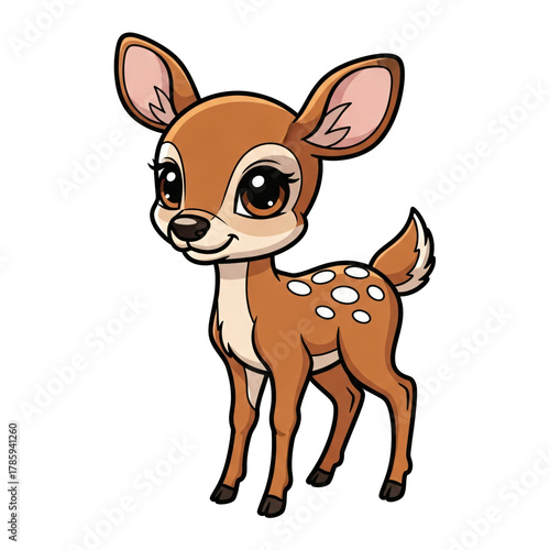 Cute cartoon baby deer with big eyes and white spots standing isolated on transparent background