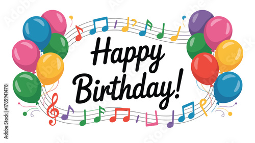 Adobe IllustraColorful happy birthday illustration with balloons, music notes, and festive typography on white background, cheerful party celebration design
tor Artwork