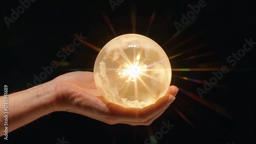 Hand holding glowing orb with light rays