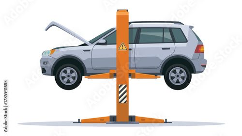Adobe IllusCar on hydraulic lift with open hood in auto repair shop, vehicle maintenance and mechanical service illustration on white background
trator Artwork