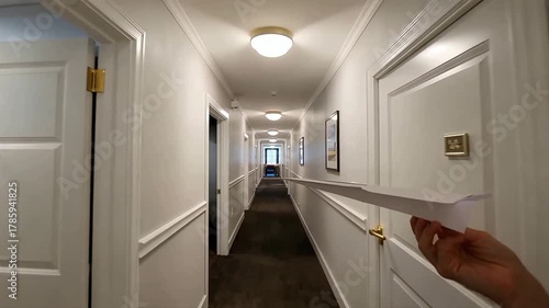 Hand holding paper airplane in a hotel hallway
