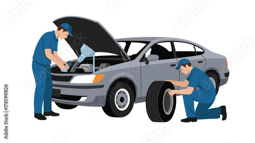 Auto Mechanics Working on Car Repair with Tire Replacement and Engine Maintenance Illustration
