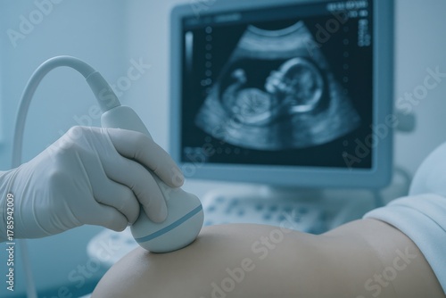 Medical professional performing an ultrasound scan on a pregnant woman, monitoring fetal development. Concept of maternal health, medical technology, and prenatal care.