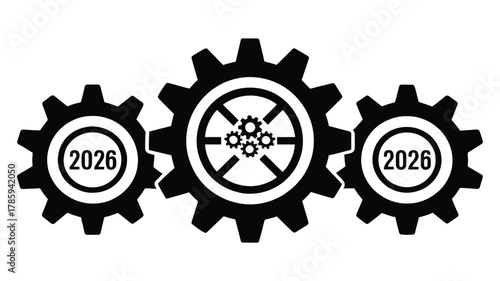 Industrial Gear Icons with 2026 Numbers and Mechanical Wheel Design
