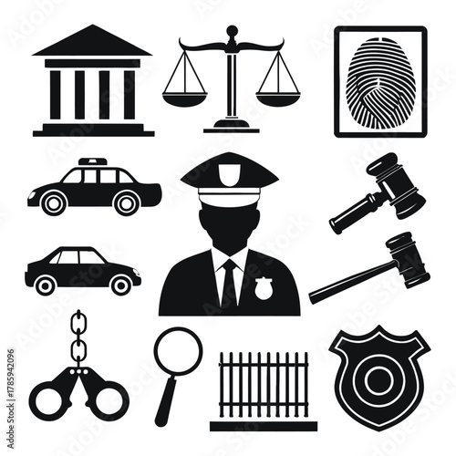 Law and Justice Icon Set with Police Officer, Scales, Gavel, Fingerprint, Cars, and Handcuffs
