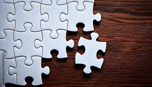 pieces of an incomplete white jigsaw puzzle on a wooden table. Putting the pieces of a jigsaw puzzle together