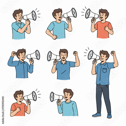  Create a kinds of deferent Simple vector illustration of a young man cheering with a megaphone vector art with white background..
