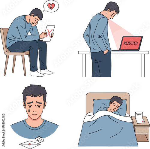 Create a kinds of deferent simple vector illustration of a young man feeling down after receiving a rejection noticevector art with white background..