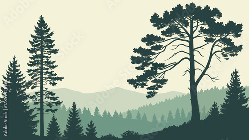 Silhouette of a forest landscape with pine trees and distant mountains in a muted color palette view