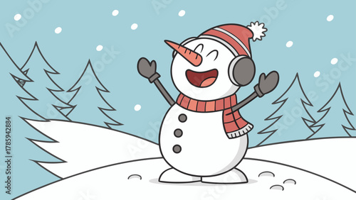 Cartoon snowman with red hat and scarf standing in a snowy landscape with pine trees and falling snow