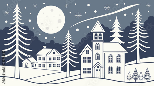Winter night scene with houses, trees, moon, stars and a shooting star in a monochrome color scheme