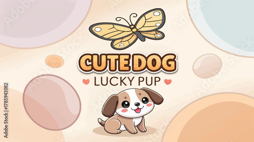 Cute Cartoon Puppy with Butterfly and Pastel Bubble Background Illustration
