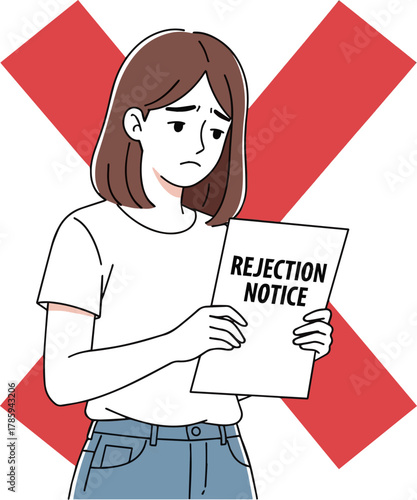  Create a kinds of deferent Simple vector illustration of a young woman receiving a rejection notice vector art with white background..