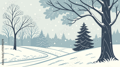 Winter scene with snow falling on bare trees and evergreen trees in a peaceful landscape view